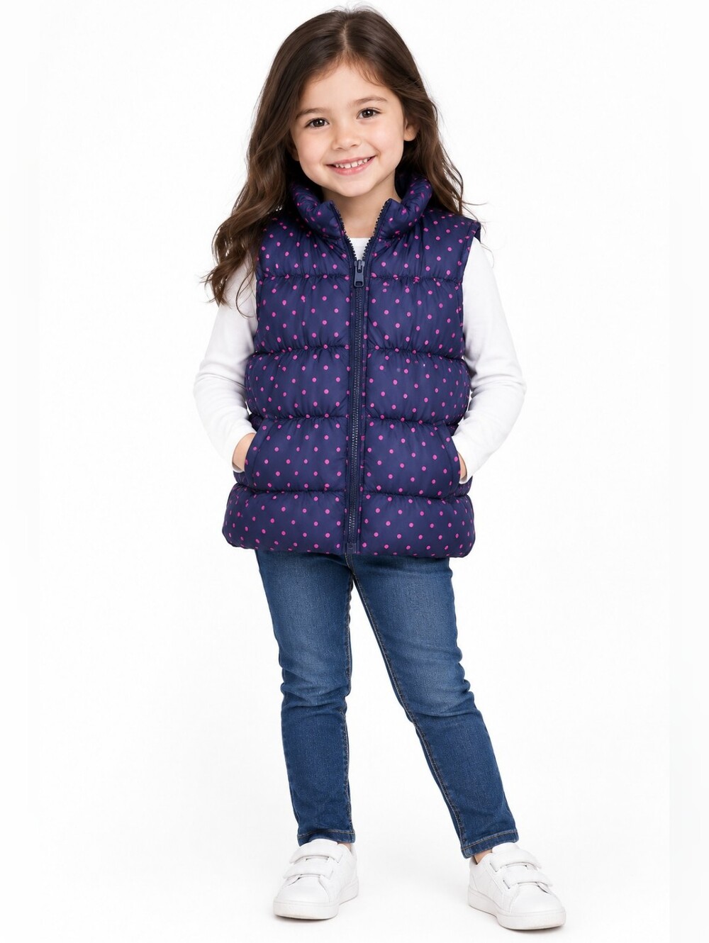 Gymboree Girls Puffer Vest Size M 7-8 Navy Blue Pink Polka Dot Ruffle Full Zip